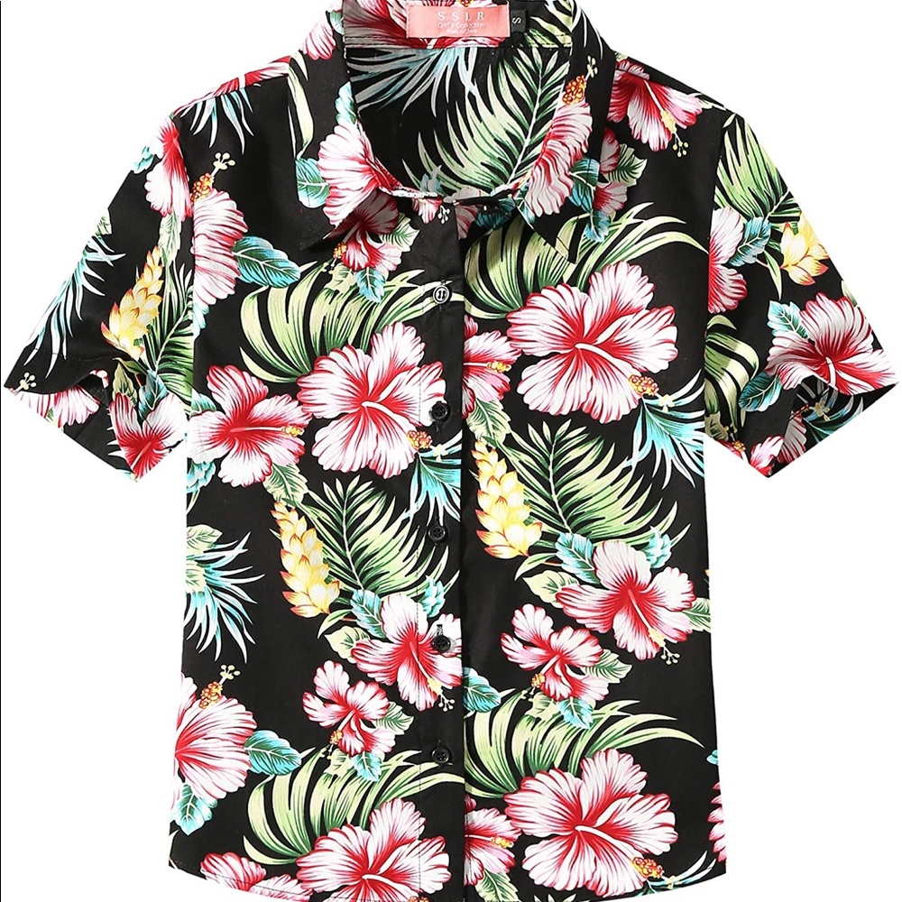 SSLR Big Girl's Floral Button Down Short Sleeve Hawaïïan Shirt Size Large